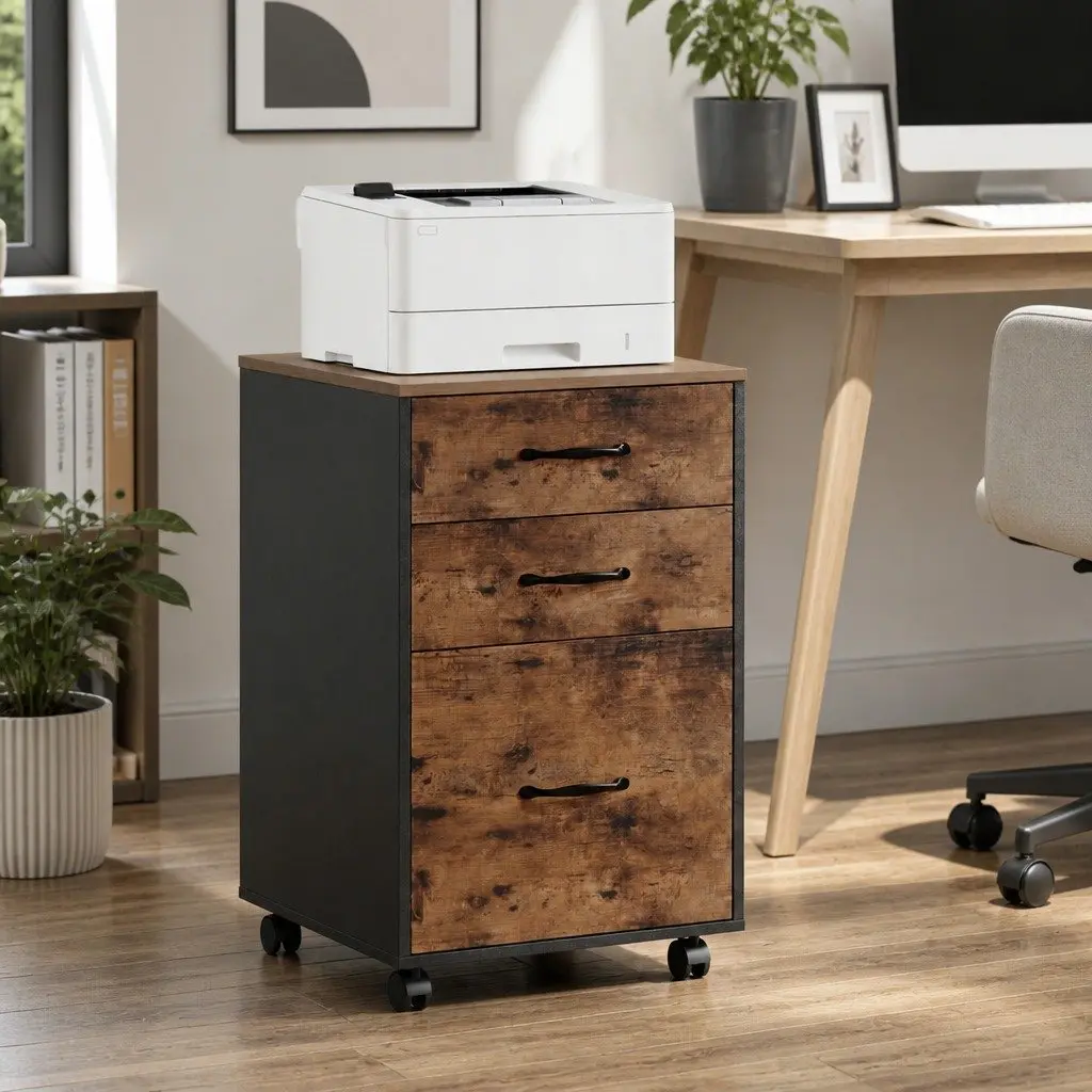 Mobile Filing Cabinet Walnut 3-Drawer Office Storage Organiser Rolling Wheels