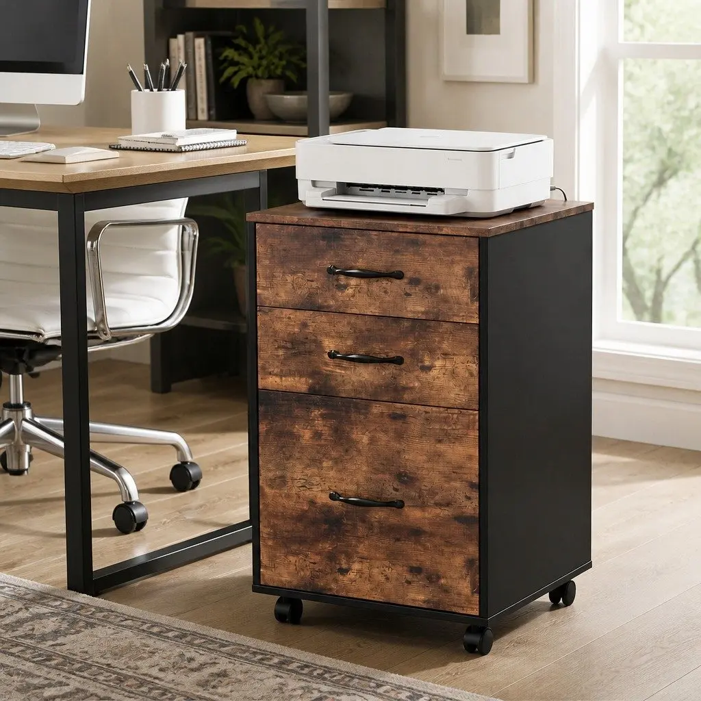Mobile Filing Cabinet Walnut 3-Drawer Office Storage Organiser Rolling Wheels