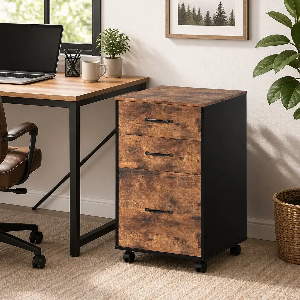 Mobile Filing Cabinet Walnut 3-Drawer Office Storage Organiser Rolling Wheels