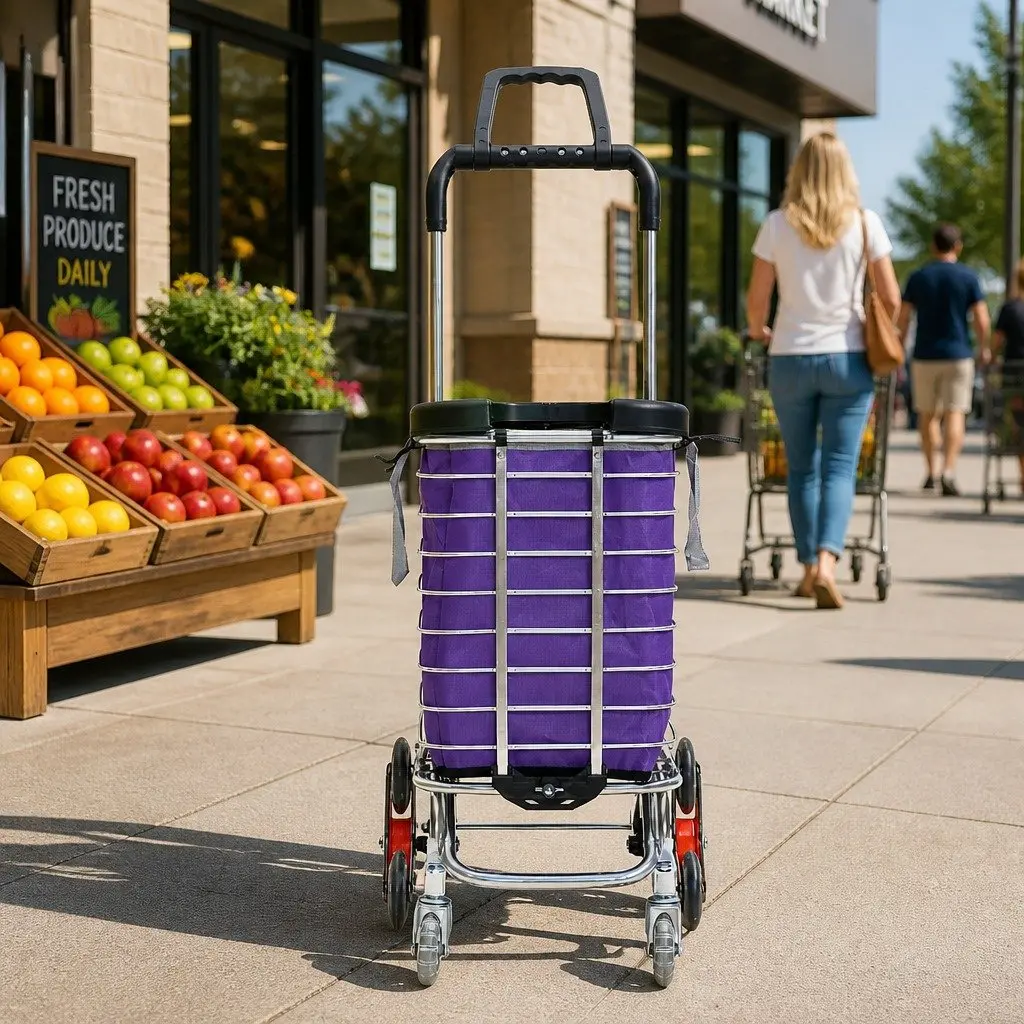 Foldable Shopping Cart Trolley Purple Waterproof Oxford Cloth 35L Stainless Steel Aluminium Frame