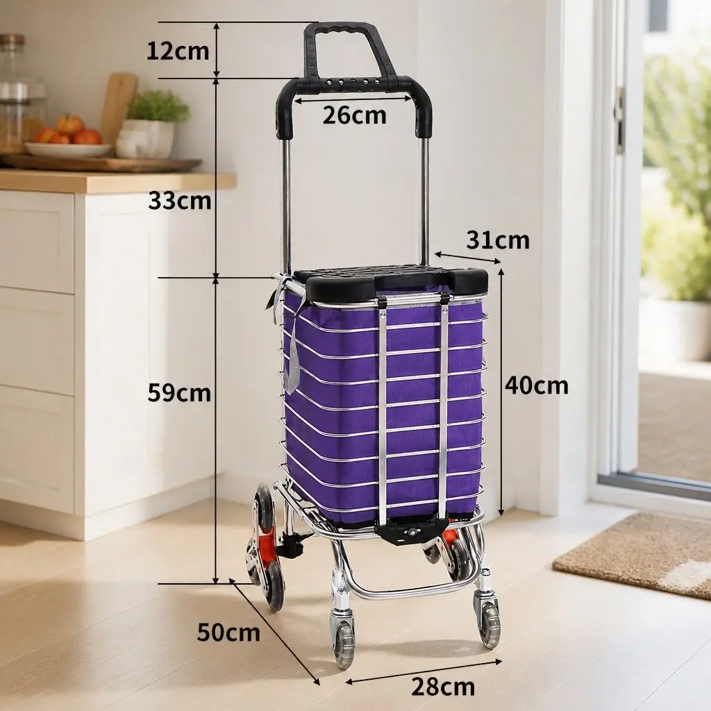 Foldable Shopping Cart Trolley Purple Waterproof Oxford Cloth 35L Stainless Steel Aluminium Frame
