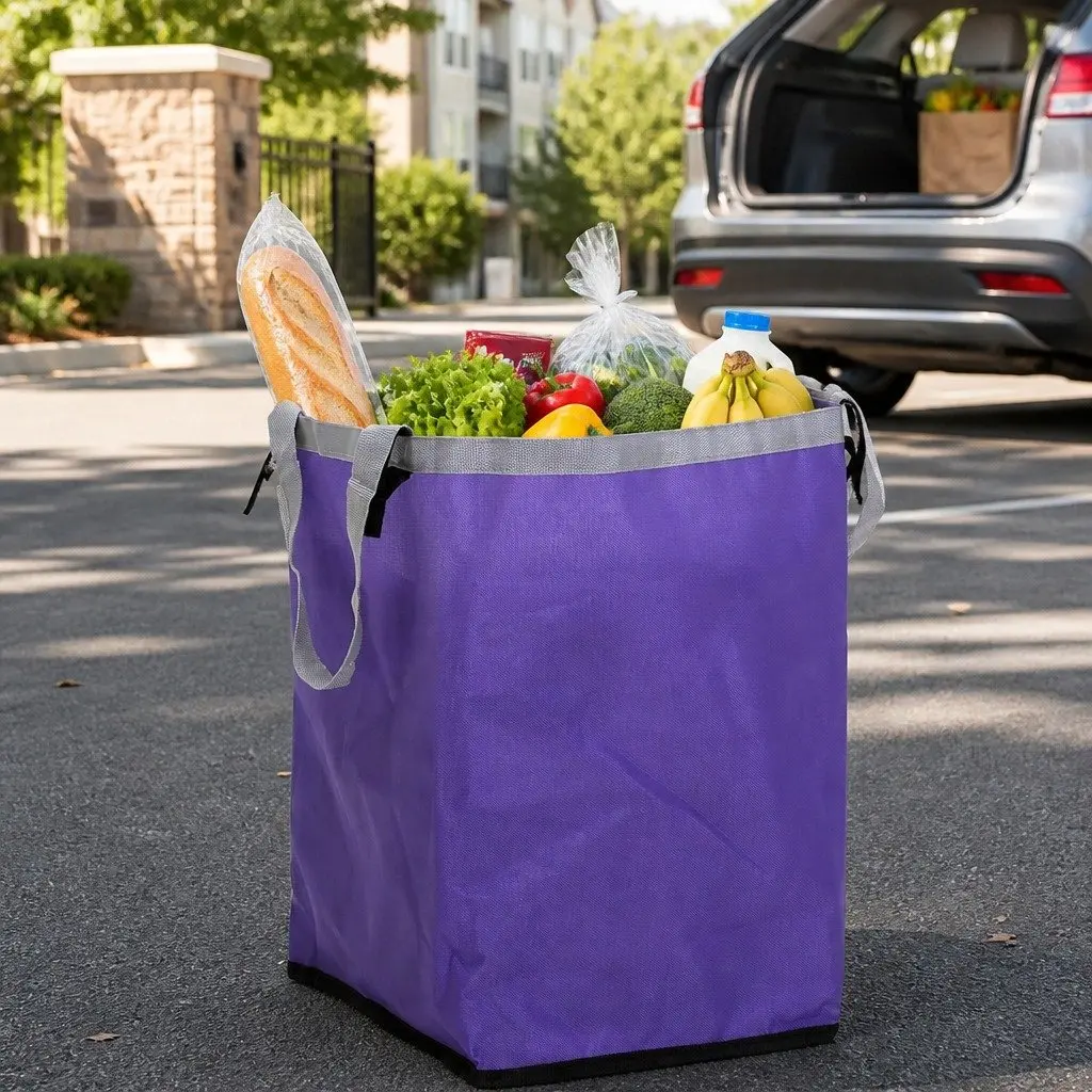 Foldable Shopping Cart Trolley Purple Waterproof Oxford Cloth 35L Stainless Steel Aluminium Frame