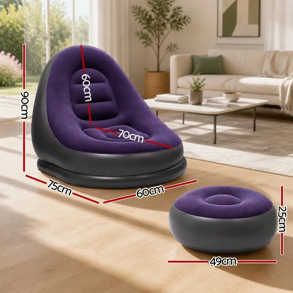 Inflatable Chair and Ottoman Set Purple PVC Flocked Fabric Portable Lounging Size for Indoor and Outdoor Use