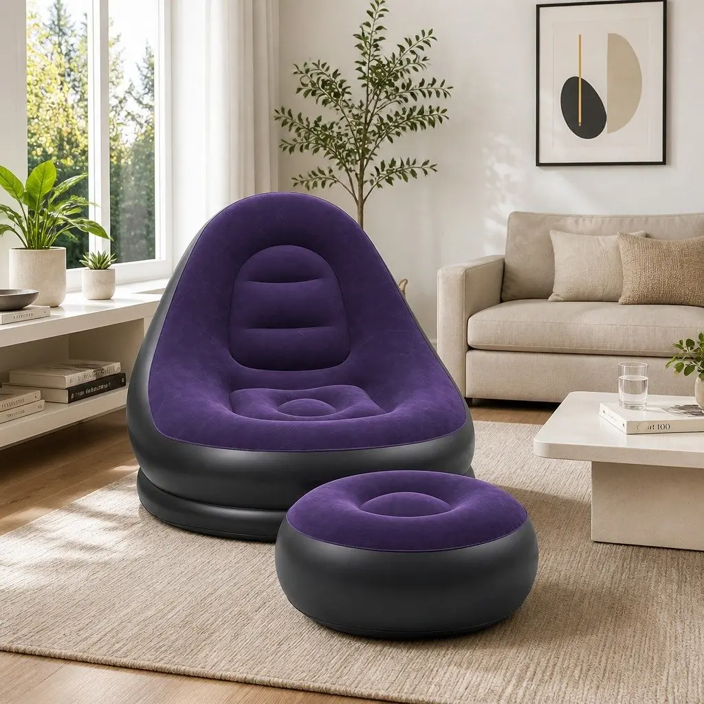 Inflatable Chair and Ottoman Set Purple PVC Flocked Fabric Portable Lounging Size for Indoor and Outdoor Use