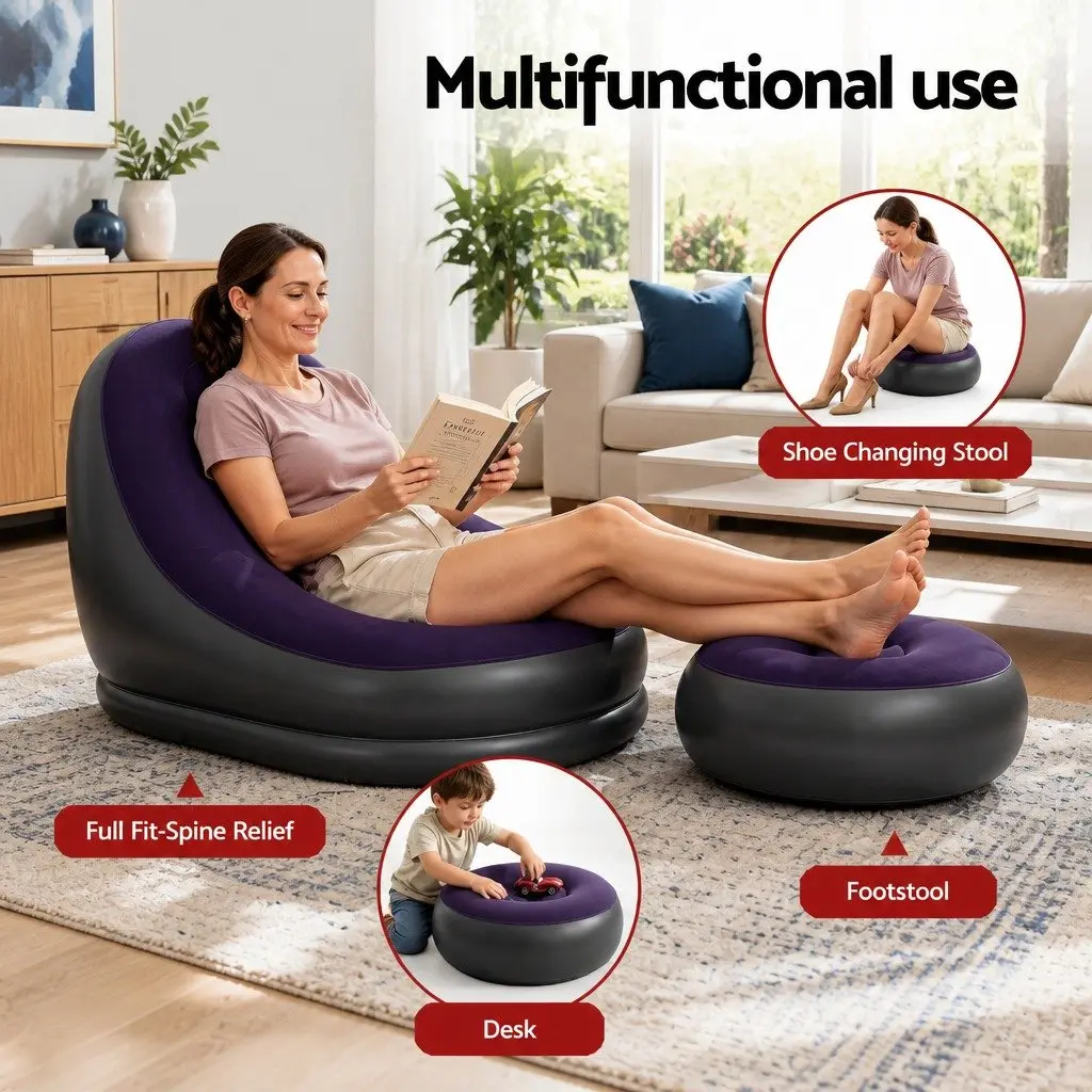 Inflatable Chair and Ottoman Set Purple PVC Flocked Fabric Portable Lounging Size for Indoor and Outdoor Use