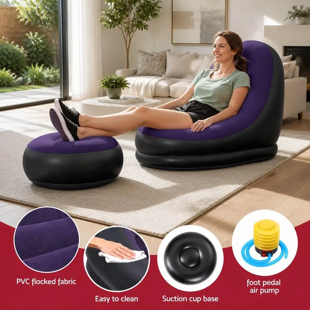 Inflatable Chair and Ottoman Set Purple PVC Flocked Fabric Portable Lounging Size for Indoor and Outdoor Use