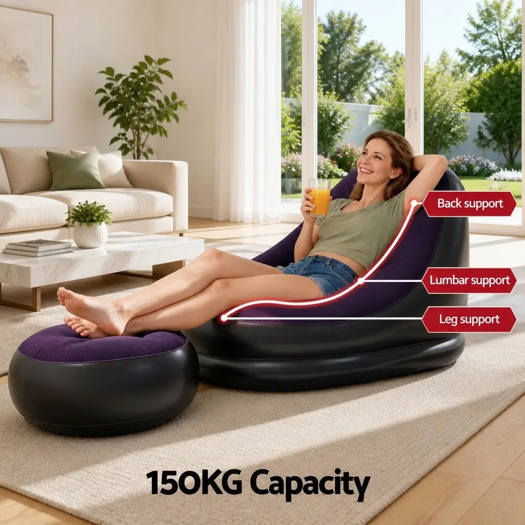 Inflatable Chair and Ottoman Set Purple PVC Flocked Fabric Portable Lounging Size for Indoor and Outdoor Use