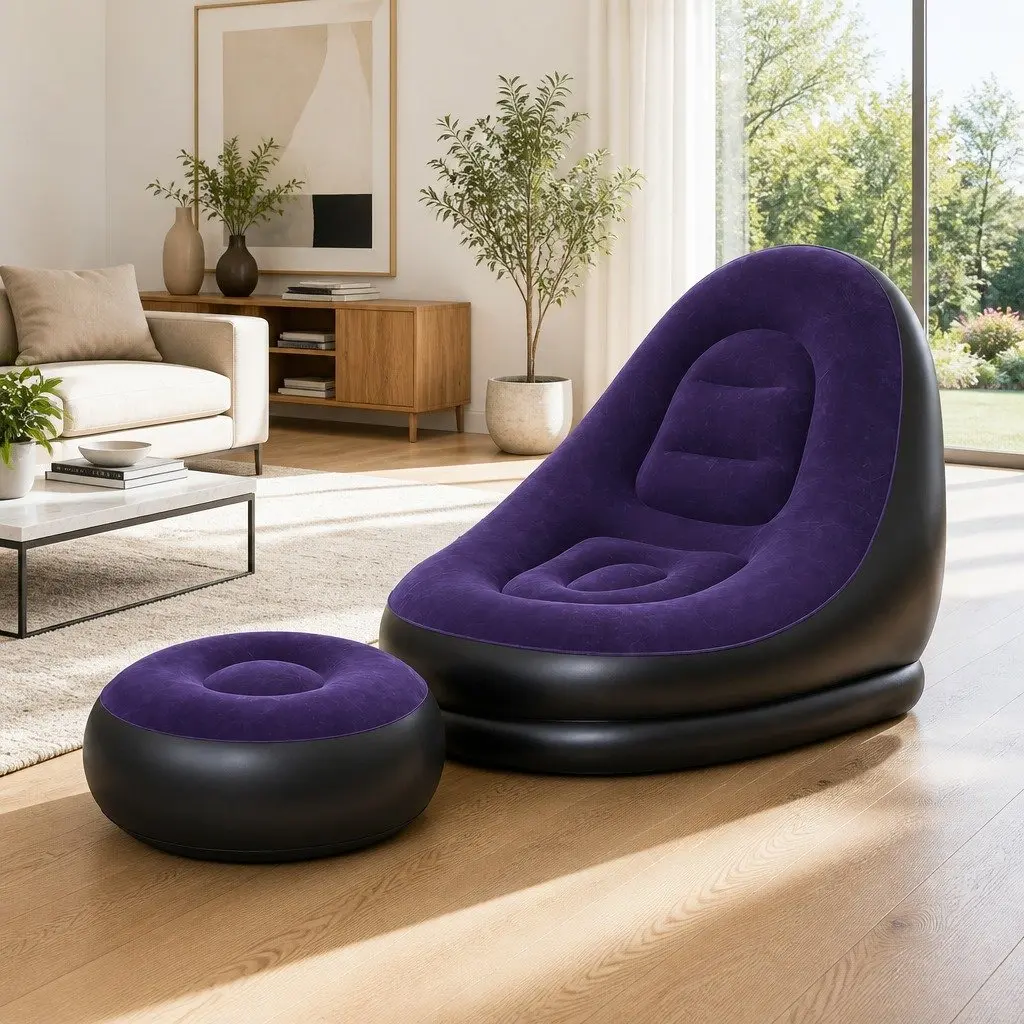 Inflatable Chair and Ottoman Set Purple PVC Flocked Fabric Portable Lounging Size for Indoor and Outdoor Use