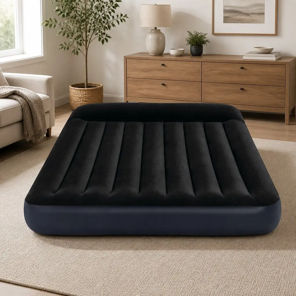 Queen Size Inflatable Airbed Pillow Rest Classic Soft Flocked Surface Durable PVC Fiber-Tech Indoor Guest Bed