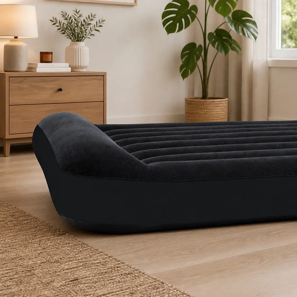 Queen Size Inflatable Airbed Pillow Rest Classic Soft Flocked Surface Durable PVC Fiber-Tech Indoor Guest Bed