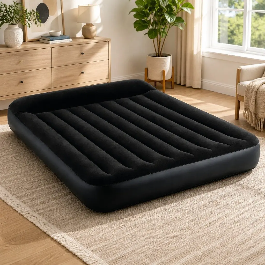 Queen Size Inflatable Airbed Pillow Rest Classic Soft Flocked Surface Durable PVC Fiber-Tech Indoor Guest Bed