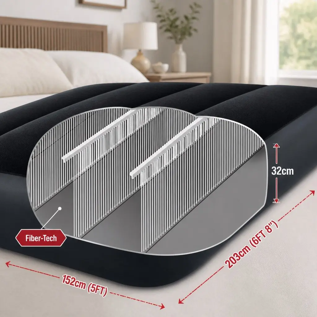 Queen Size Inflatable Airbed Pillow Rest Classic Soft Flocked Surface Durable PVC Fiber-Tech Indoor Guest Bed