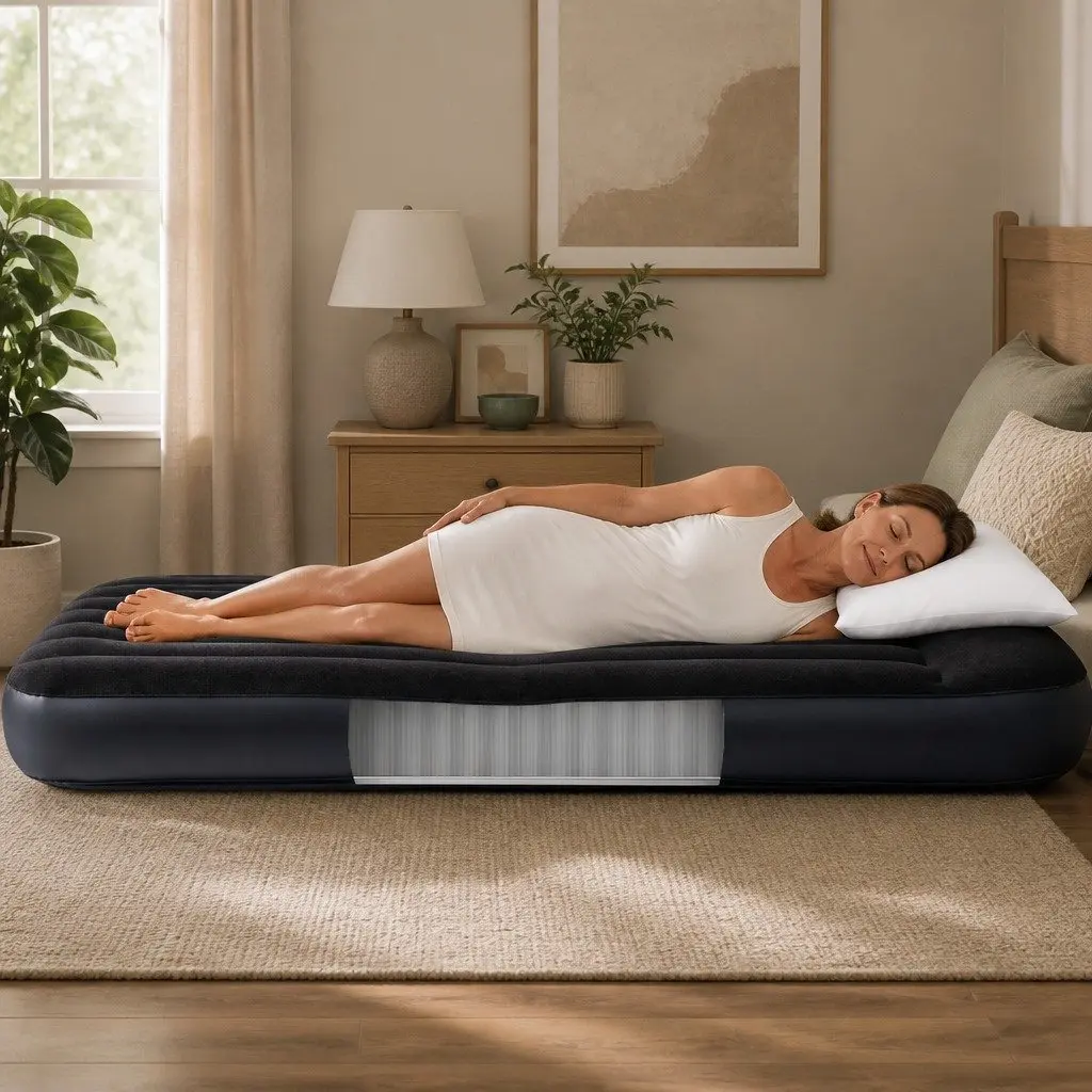 Queen Size Inflatable Airbed Pillow Rest Classic Soft Flocked Surface Durable PVC Fiber-Tech Indoor Guest Bed