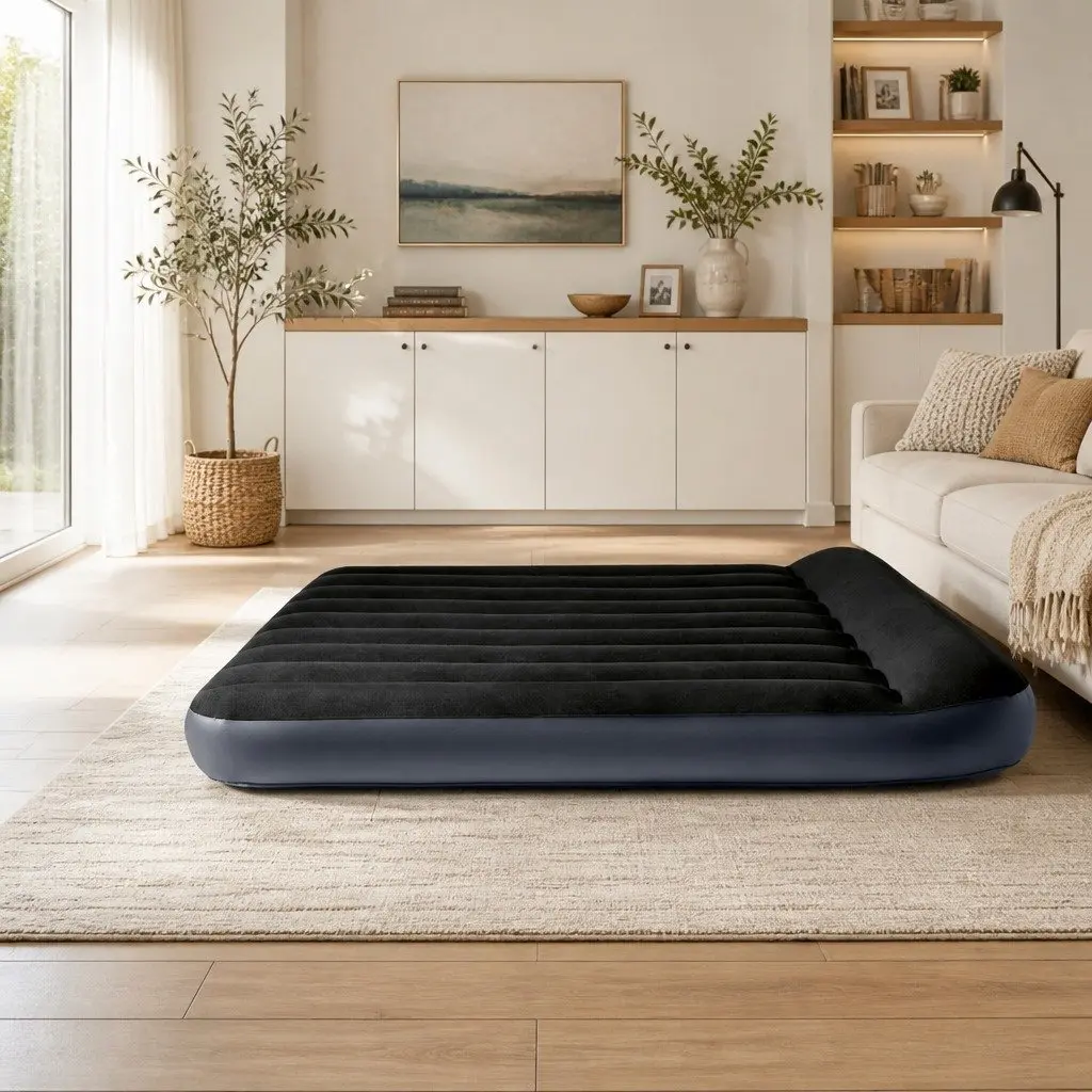 Queen Size Inflatable Airbed Pillow Rest Classic Soft Flocked Surface Durable PVC Fiber-Tech Indoor Guest Bed