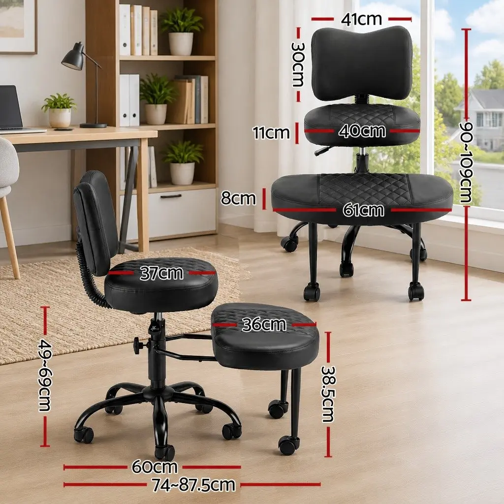 Kneeling Chair Adjustable Height Black Metal PU Leather Ergonomic Meditation Seat