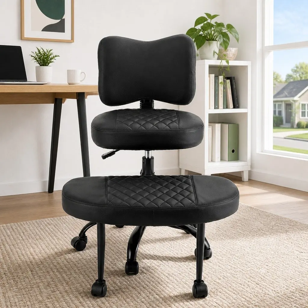 Kneeling Chair Adjustable Height Black Metal PU Leather Ergonomic Meditation Seat