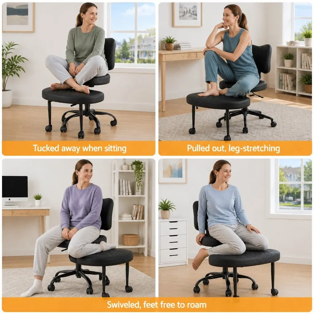 Kneeling Chair Adjustable Height Black Metal PU Leather Ergonomic Meditation Seat