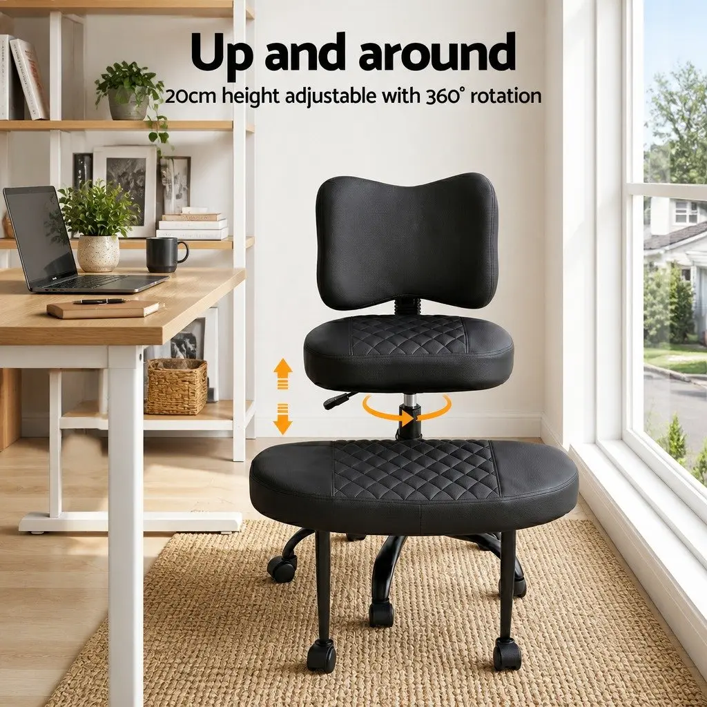 Kneeling Chair Adjustable Height Black Metal PU Leather Ergonomic Meditation Seat