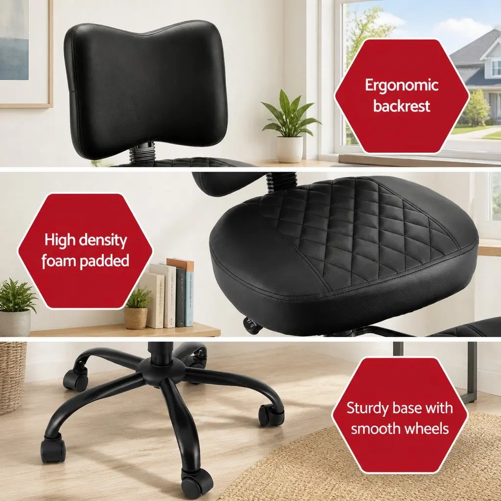 Kneeling Chair Adjustable Height Black Metal PU Leather Ergonomic Meditation Seat