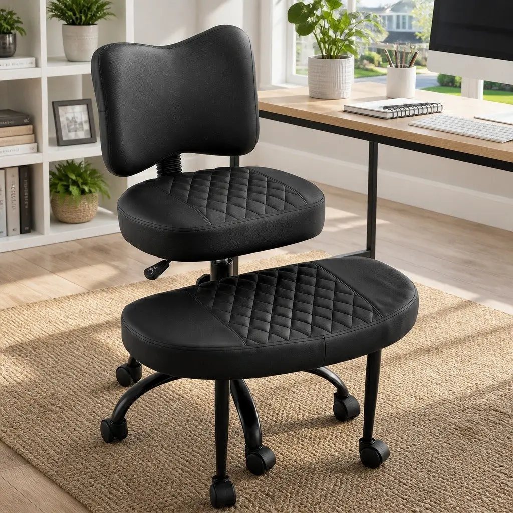 Kneeling Chair Adjustable Height Black Metal PU Leather Ergonomic Meditation Seat