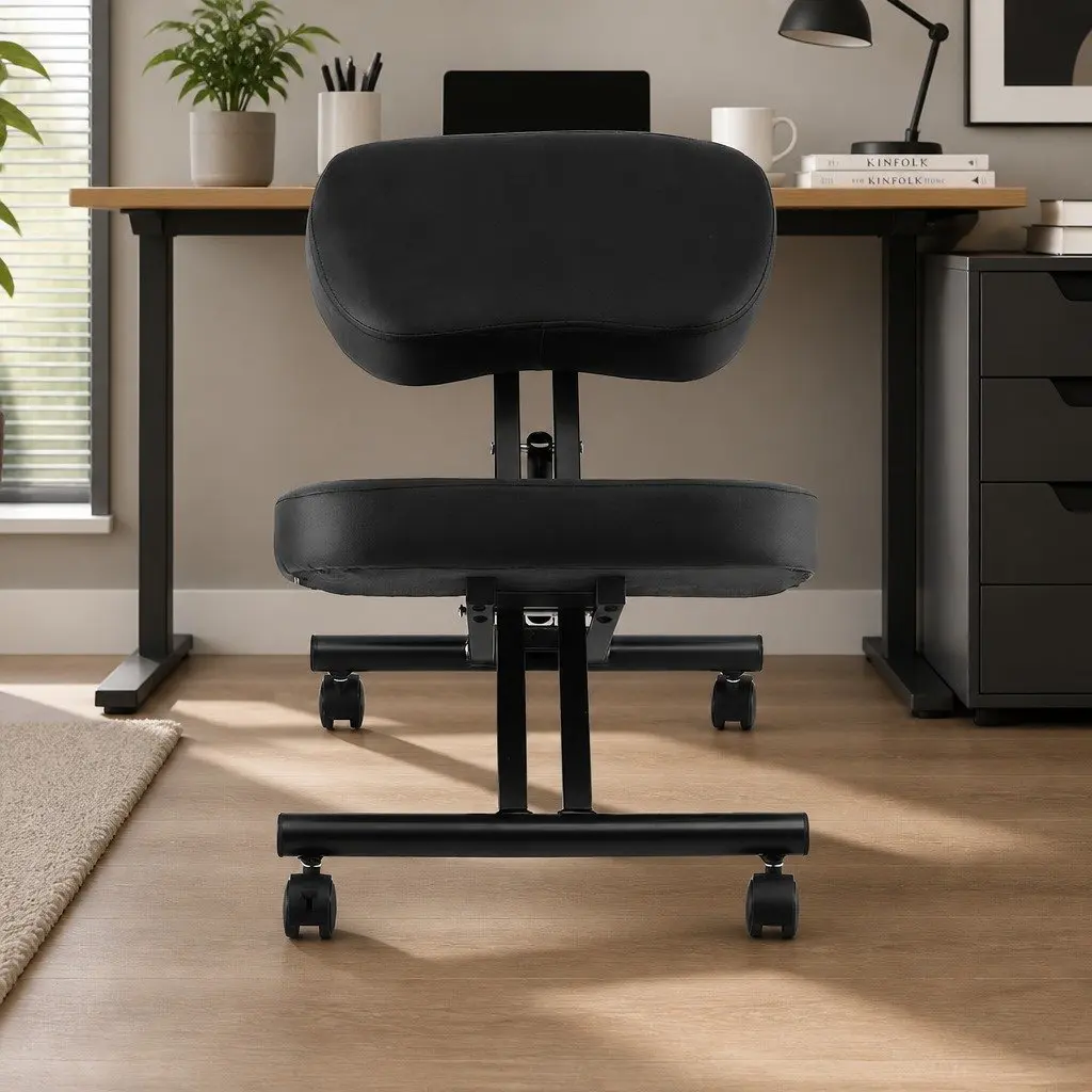 Kneeling Chair Ergonomic Adjustable Height Black Metal PU Leather