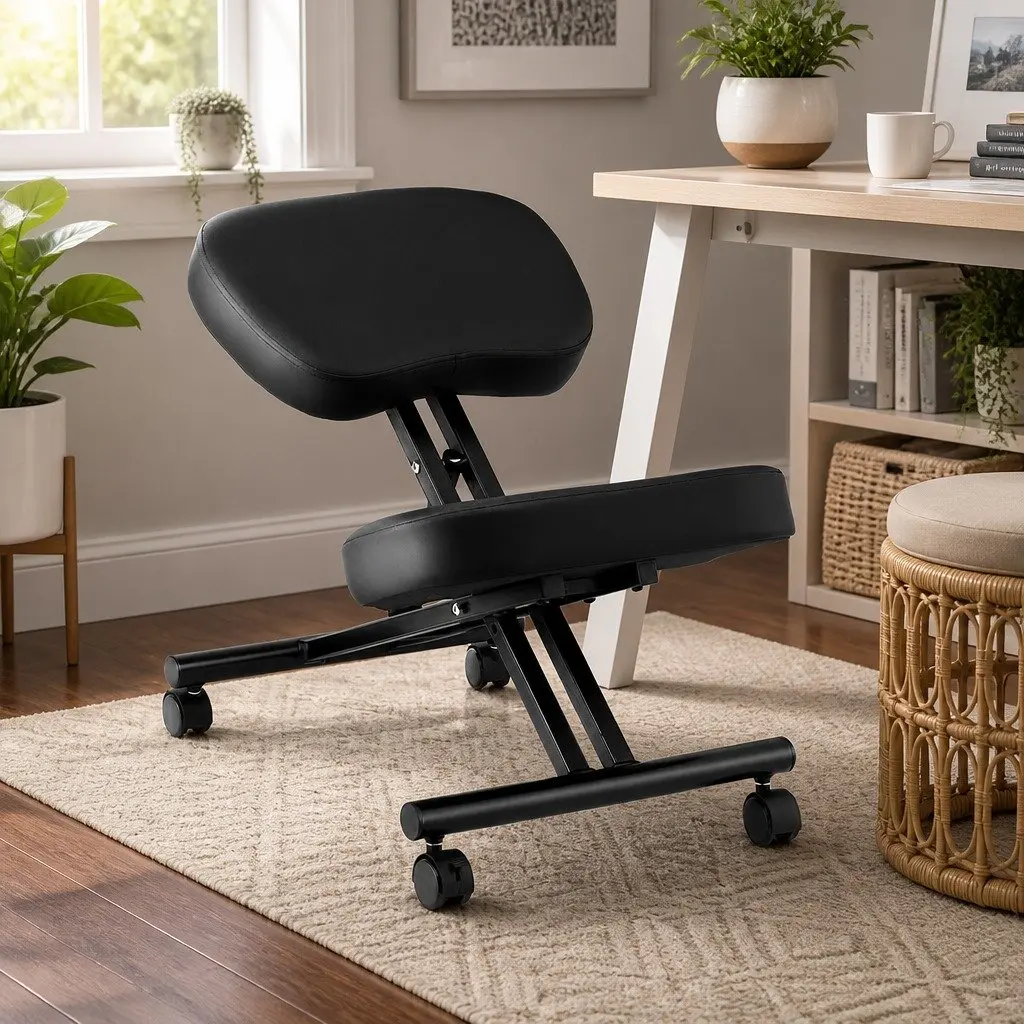 Kneeling Chair Ergonomic Adjustable Height Black Metal PU Leather