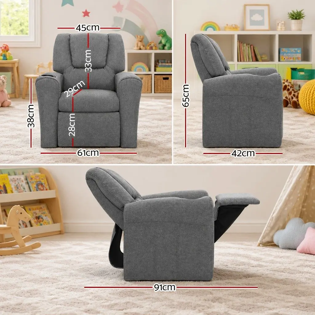 Kids Recliner Chair Grey Linen Armchair with Cup Holder