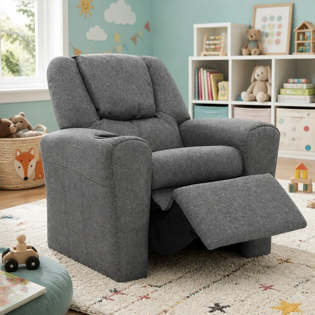 Kids Recliner Chair Grey Linen Armchair with Cup Holder