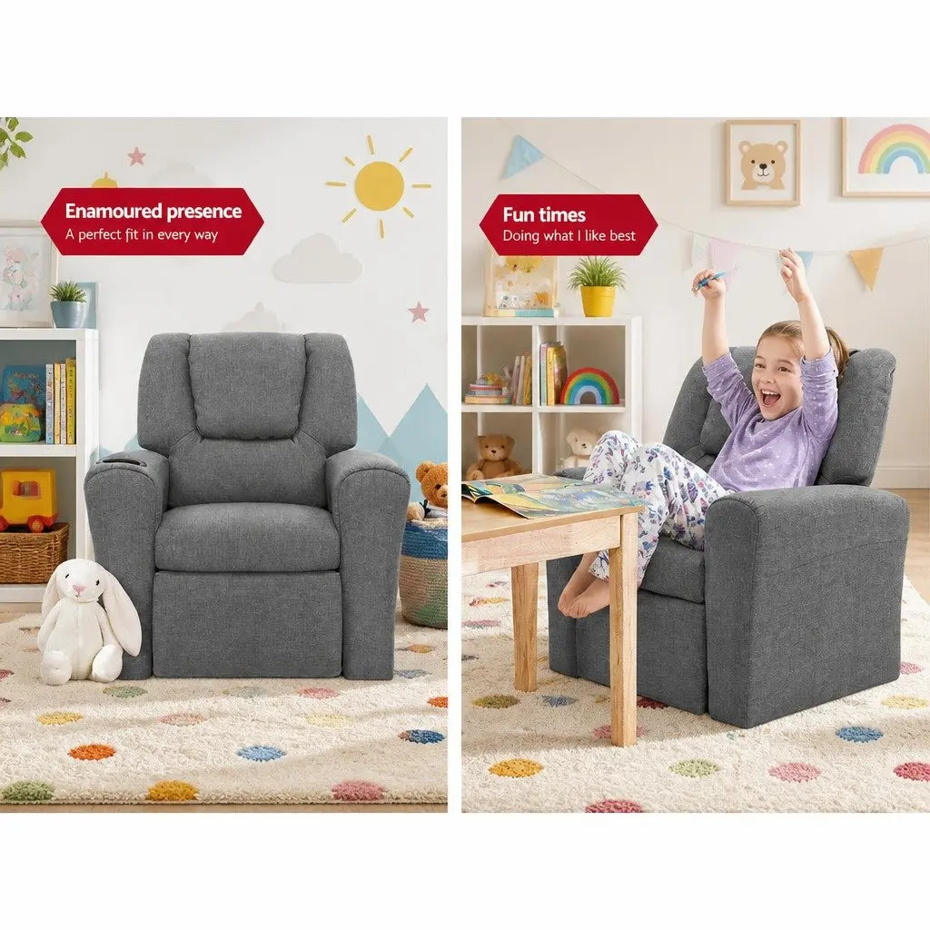 Kids Recliner Chair Grey Linen Armchair with Cup Holder