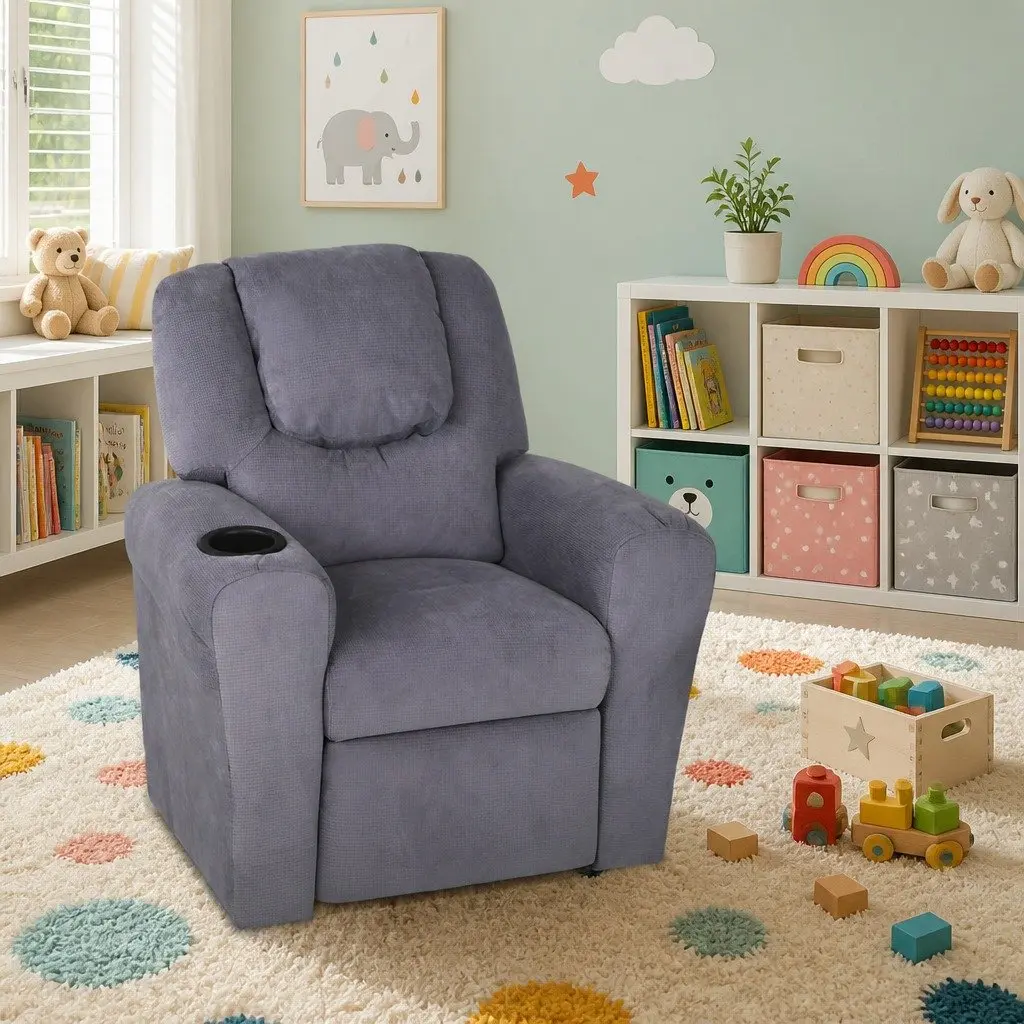 Kids Recliner Chair Grey Linen Armchair with Cup Holder