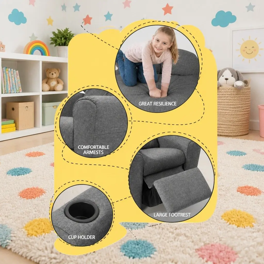 Kids Recliner Chair Grey Linen Armchair with Cup Holder
