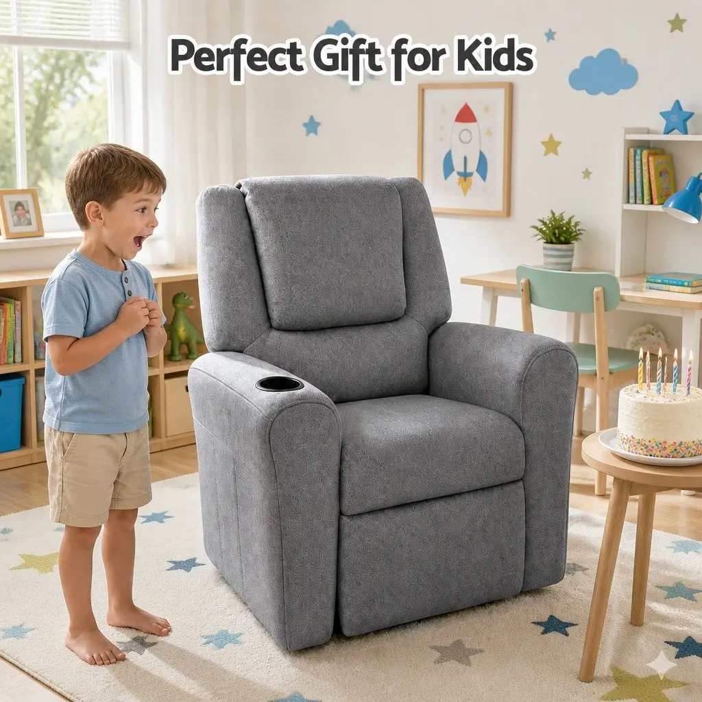 Kids Recliner Chair Grey Linen Armchair with Cup Holder