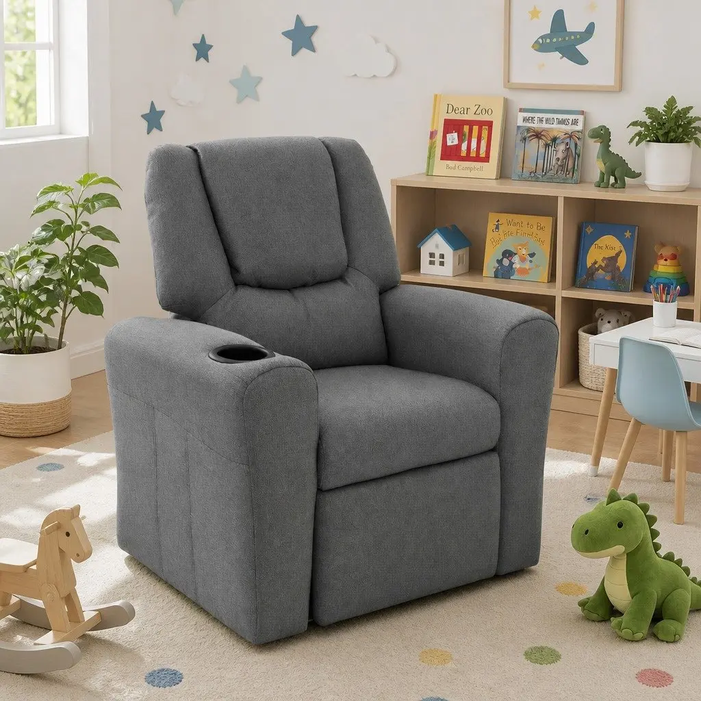 Kids Recliner Chair Grey Linen Armchair with Cup Holder
