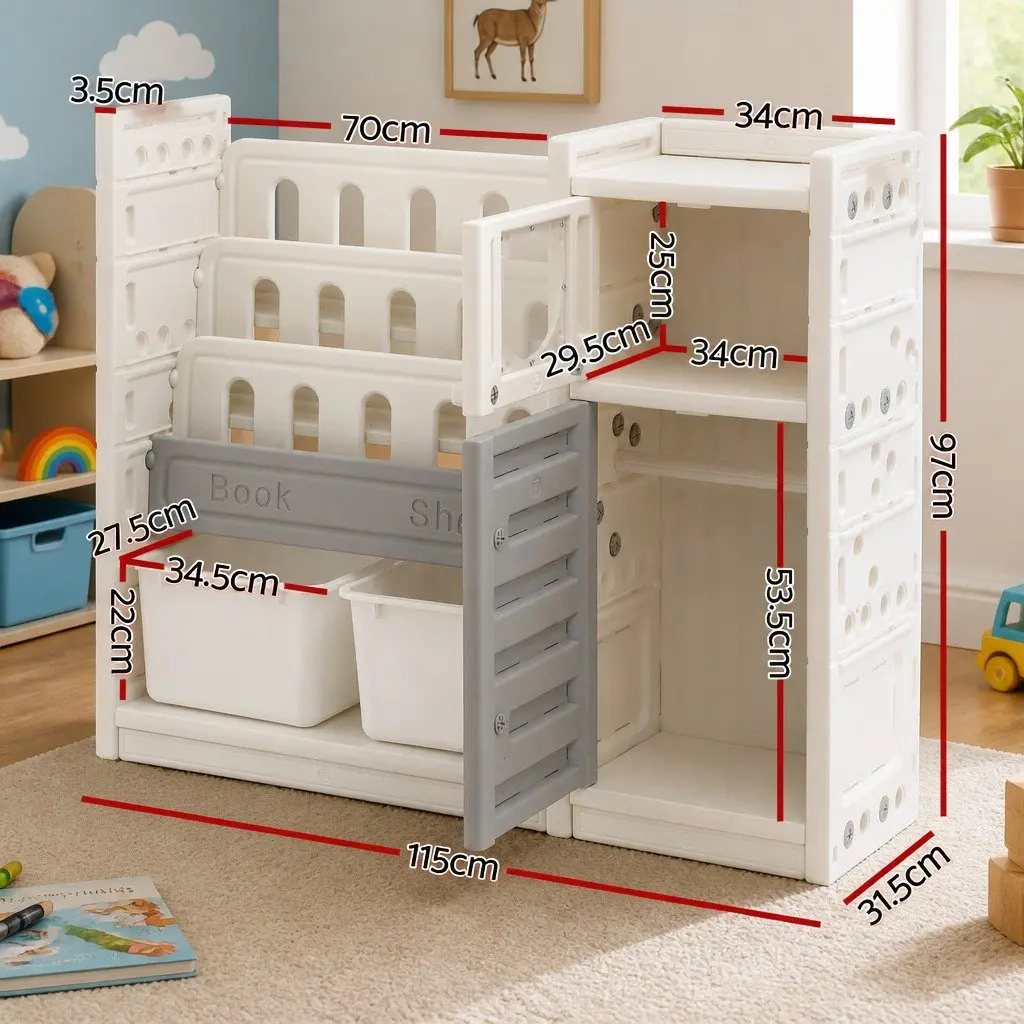 Kids Bookshelf Toy Storage Organizer 3-Tier Shelves Removable Bins HDPE White Grey