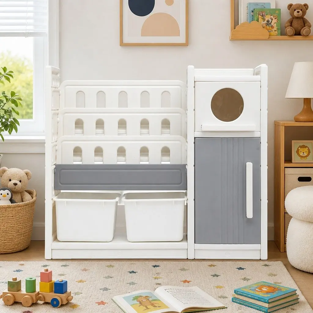 Kids Bookshelf Toy Storage Organizer 3-Tier Shelves Removable Bins HDPE White Grey