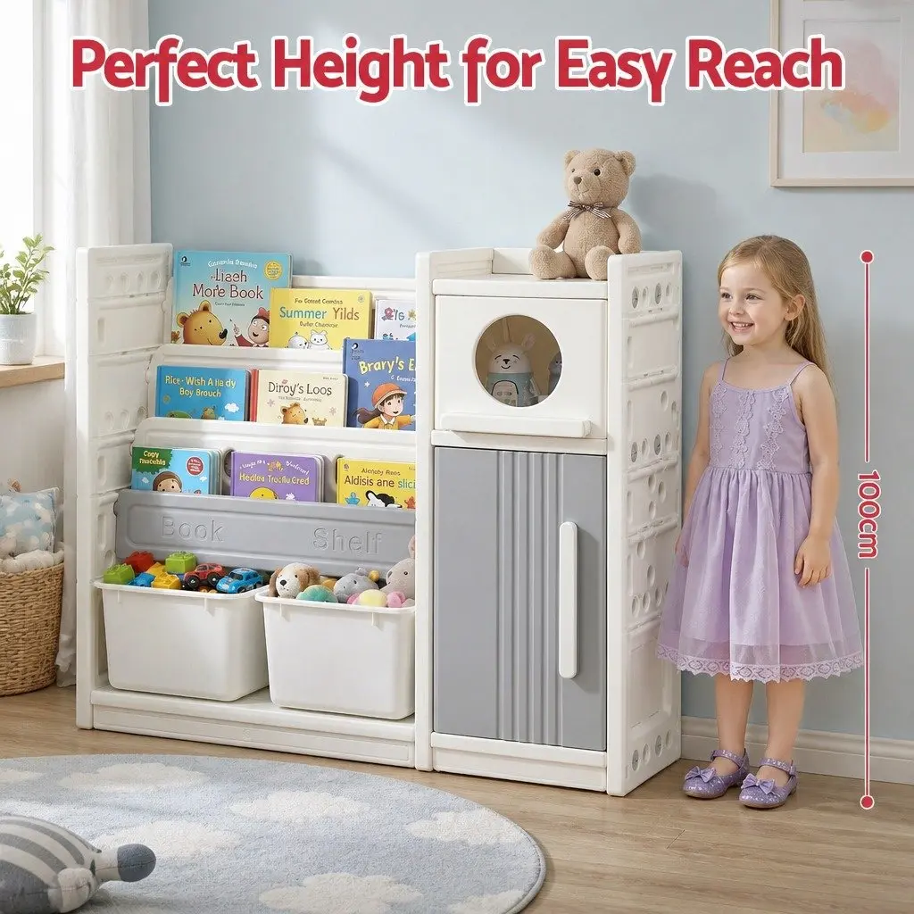 Kids Bookshelf Toy Storage Organizer 3-Tier Shelves Removable Bins HDPE White Grey