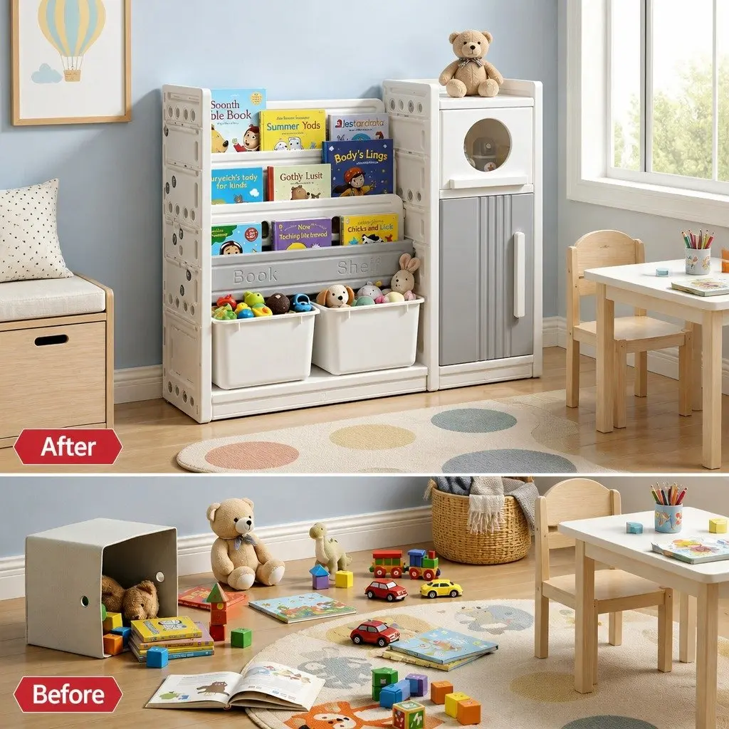 Kids Bookshelf Toy Storage Organizer 3-Tier Shelves Removable Bins HDPE White Grey