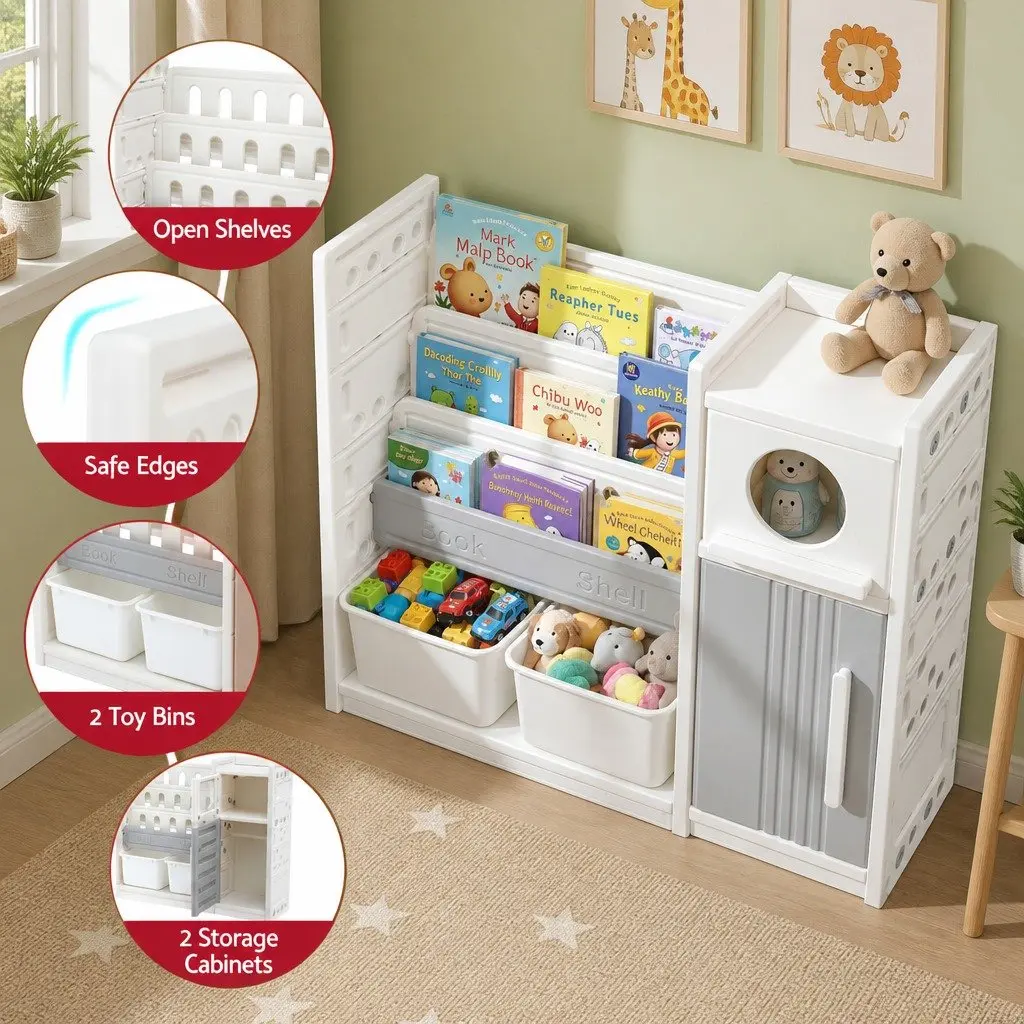 Kids Bookshelf Toy Storage Organizer 3-Tier Shelves Removable Bins HDPE White Grey
