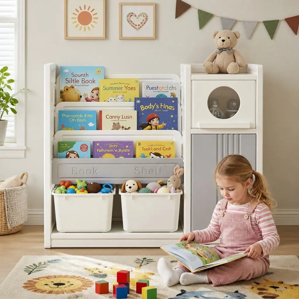Kids Bookshelf Toy Storage Organizer 3-Tier Shelves Removable Bins HDPE White Grey