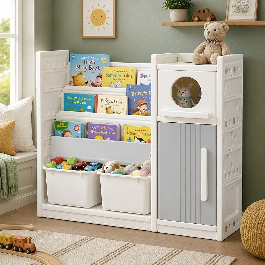 Kids Bookshelf Toy Storage Organizer 3-Tier Shelves Removable Bins HDPE White Grey
