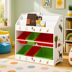 Three-Tier Kids Bookshelf with 6 Removable Boxes