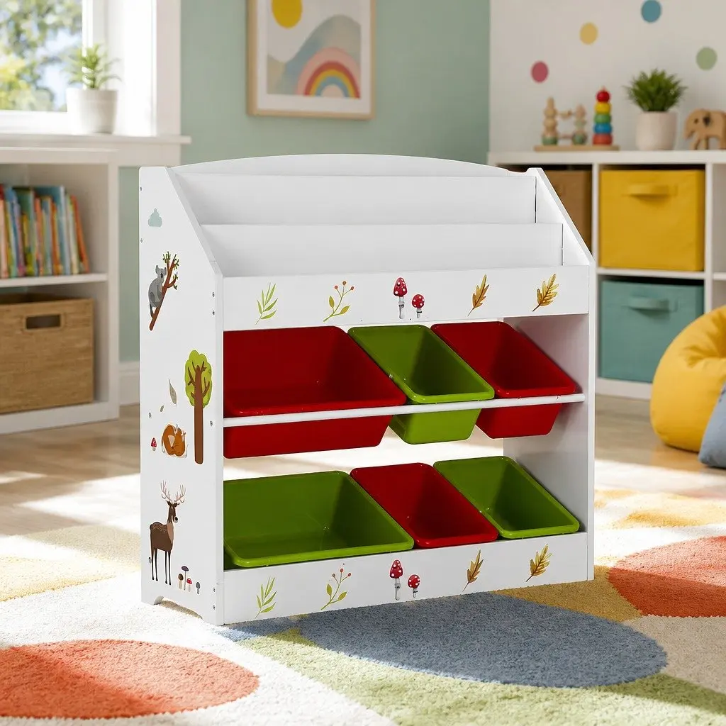 Kids Bookshelf 3 Tier Storage Organiser with Removable Boxes White MDF Plastic