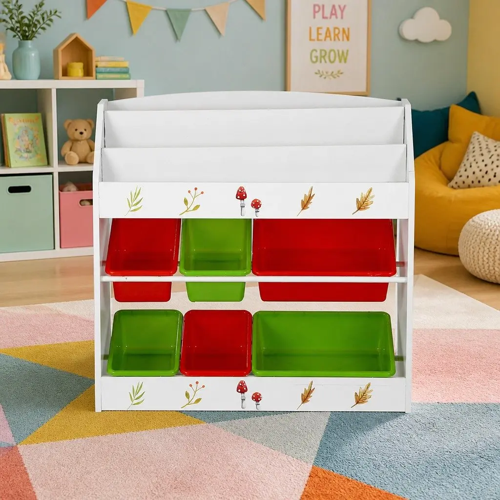 Kids Bookshelf 3 Tier Storage Organiser with Removable Boxes White MDF Plastic