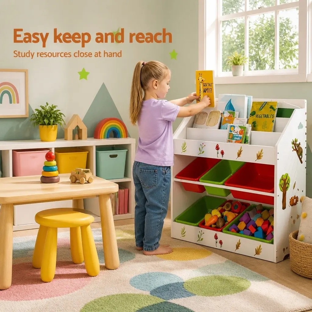 Kids Bookshelf 3 Tier Storage Organiser with Removable Boxes White MDF Plastic