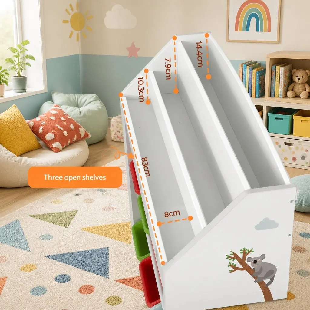 Kids Bookshelf 3 Tier Storage Organiser with Removable Boxes White MDF Plastic