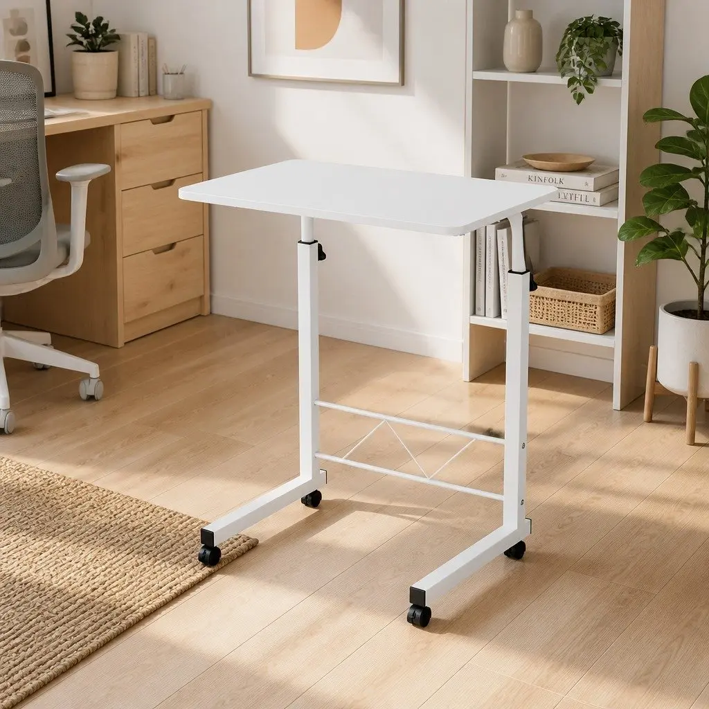 Mobile Laptop Desk Adjustable Height 60CM White MDF Board and Powder-Coated Steel