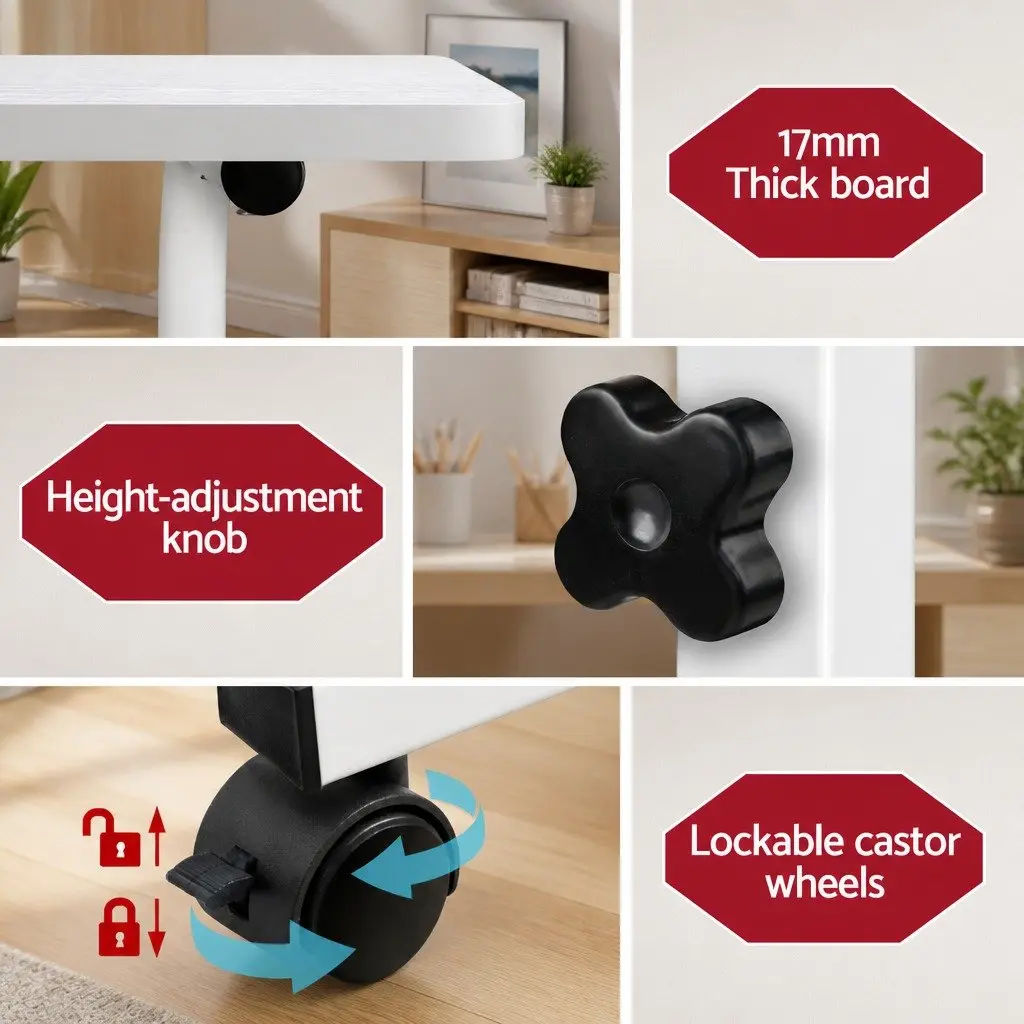 Mobile Laptop Desk Adjustable Height 60CM White MDF Board and Powder-Coated Steel
