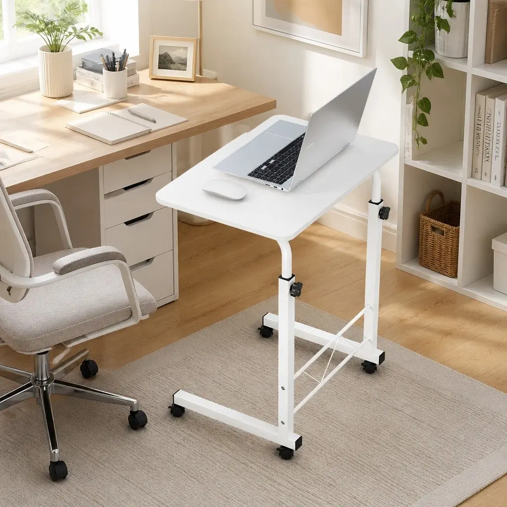 Mobile Laptop Desk Adjustable Height 60CM White MDF Board and Powder-Coated Steel