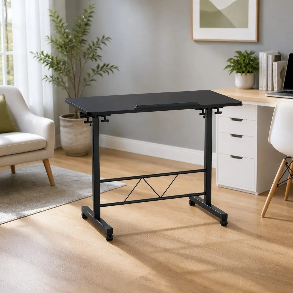 Mobile Laptop Desk Height Adjustable Tilting 80CM Wooden Tabletop U-Shape Steel Frame