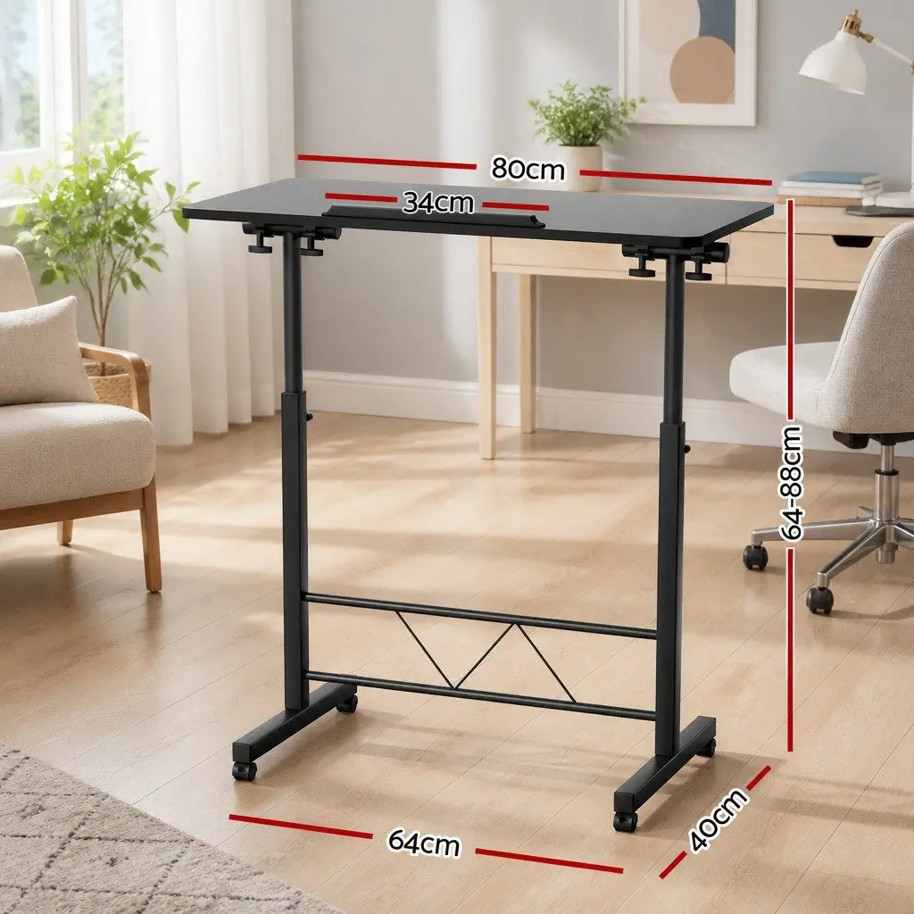 Mobile Laptop Desk Height Adjustable Tilting 80CM Wooden Tabletop U-Shape Steel Frame